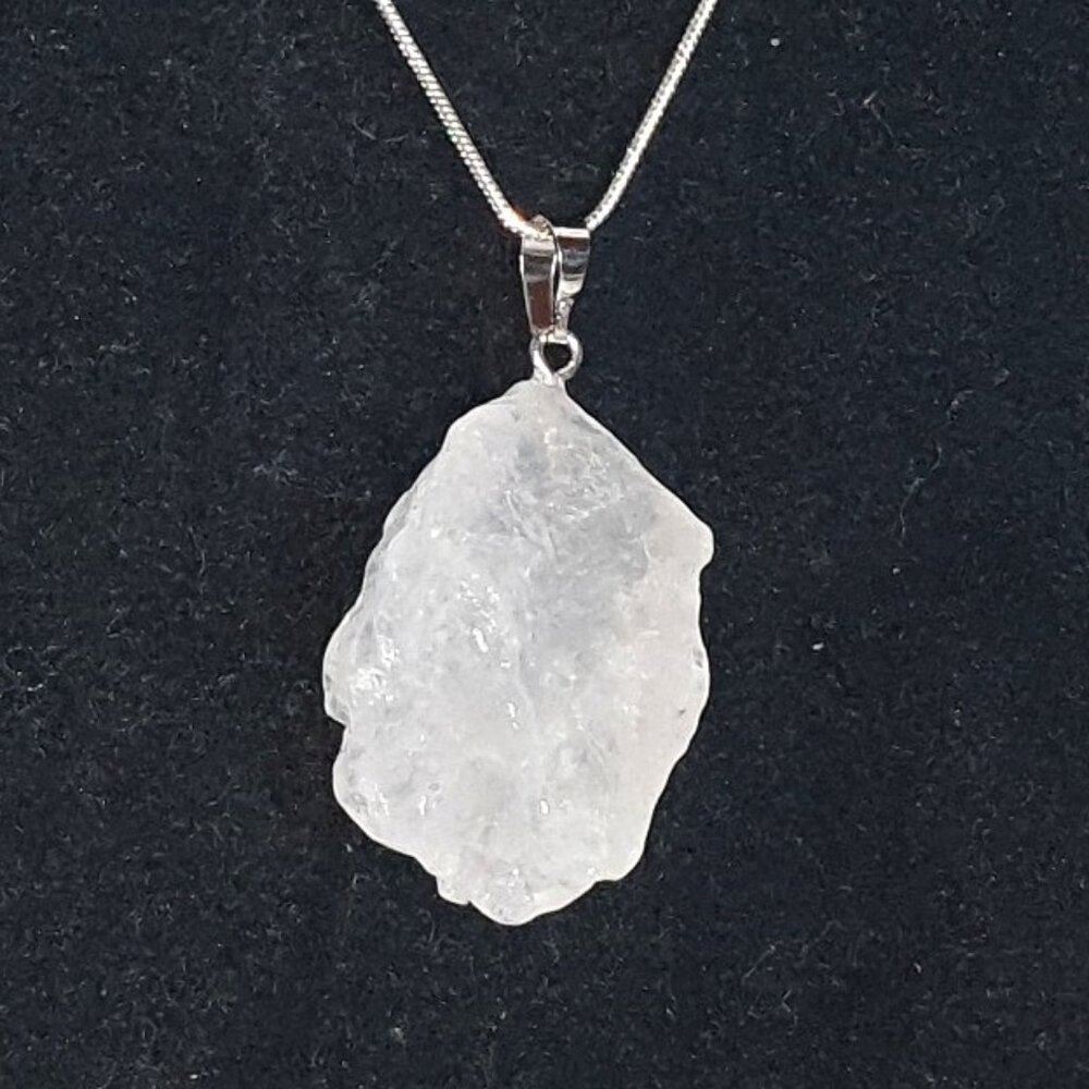 Bold Vintage Raw Natural Rock Crystal White Quartz 925 Silver Pendant Necklace